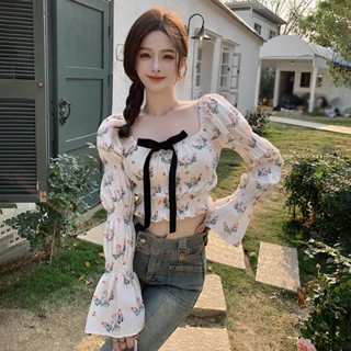 เสื้อเชิ้ตแขนยาว คอสี่เหลี่ยม เข้ารูป พิมพ์ลายกระต่าย สไตล์เกาหลี สําหรับผู้หญิง