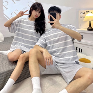 Summer new imitation cotton pajamas couple summer ladies stripe short-sleeved shorts mens home service suit