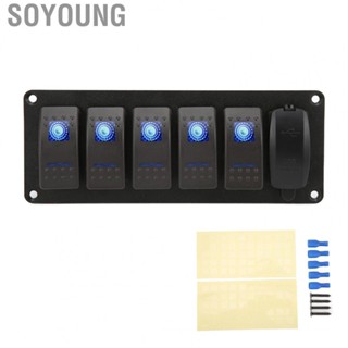 Soyoung 12V-24V 5 Gang Rocker Switch Panel with Dual USB 5V3.4A Blue Backlight  for Marine Boat Car Truck