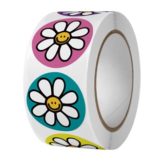 สติ๊กเกอร์วงกลม ลายดอกไม้ สติกเกอร์ เดซี่ daisy flower cute sticker circle sticker roll DIY ตกแต่ง รางวัล คุณครู