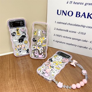 เคสโทรศัพท์มือถือแบบนิ่ม TPU ใส กันกระแทก ลายการ์ตูนสัตว์ แมว สุนัข พร้อมสายคล้องข้อมือ สําหรับ Samsung Galaxy Z Flip 4 Z Flip 3 Flip4