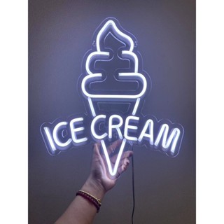 ป้ายไฟ*ICE CREAM รูปไอศกรีมสีขาว* ป้ายไฟLED ป้ายไฟร้าน ป้ายไฟตกแต่งร้าน ป้ายไฟวิ่ง ป้ายไฟตัวอักษร ป้ายไฟสำเร็จรูป