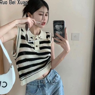 Ruo Bei Xuan เสื้อยืดสตรีโปโลแขนกุดสไตล์เกาหลีลายทางสาวฮอตใหม่ประกบเสื้อท่อนล่าง