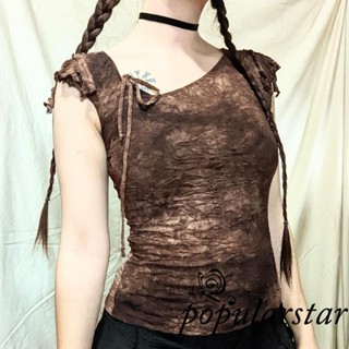 Popu- เสื้อยืดแขนสั้นลําลอง พิมพ์ลายมัดย้อม แฟชั่นฤดูร้อน สไตล์สตรีท สําหรับผู้หญิง