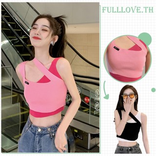 Fulllove เสื้อกล้ามผู้หญิง เสื้อครอปสีชมพู สายเดี่ยว แนว y2k แขนกุดแบบครอป crop top