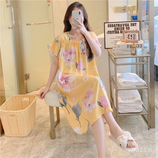 [พร้อมส่ง] ชุดนอนกระโปรง ผ้าฝ้าย แขนสั้น ผ้าไหม แบบบาง ระดับไฮเอนด์ ขนาดใหญ่ เหมาะกับฤดูใบไม้ผลิ และฤดูร้อน สําหรับสตรี
