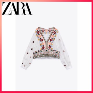 Zara ใหม่ เสื้อท็อป ปักลาย สีตัดกัน สําหรับผู้หญิง