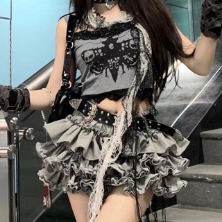 + เสื้อกั๊กกระโปรง แต่งลูกไม้ สองชิ้น สไตล์พังก์ ฤดูร้อน สําหรับเด็กผู้หญิง y2k2023 C7Y8