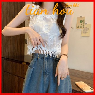 เสื้อสายเดี่ยว แขนกุด ผ้าถักโครเชต์ ปักลาย ประดับพู่ ทรงหลวม เหมาะกับฤดูร้อน สําหรับผู้หญิง J1Q7