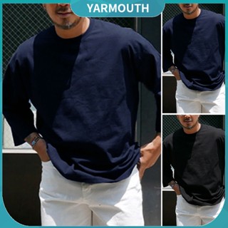 Yyr-- เสื้อยืดคอกลม แขนสามส่วน แบบนิ่ม ระบายอากาศ สีพื้น เรียบง่าย สําหรับผู้ชาย