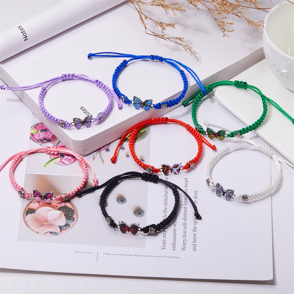สร้อยข้อมือ กําไลข้อมือถัก จี้ผีเสื้อ สีพื้น หลากสี ปรับได้ ของขวัญปาร์ตี้ สําหรับผู้หญิง