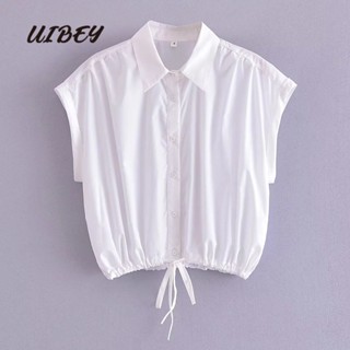 Uibey เสื้อเชิ้ตแฟชั่น คอปก สีพื้น มีเชือกผูก อเนกประสงค์ 68161