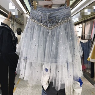 2021 summer new denim skirt womens skirt tide heavy industry nail bead splicing net star sequin fairy half skirt