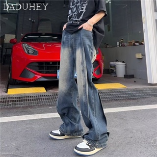 DaDuHey🔥 Mens and Womens American High Street White Worn Looking Washed-out Jeans Ins Hip Hop Style Loose Straight Mid-Waist Wide-Leg Casual Pants