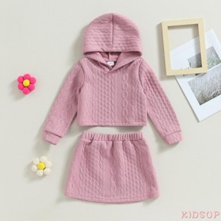 Kidsup1 เสื้อกันหนาวแขนยาว มีฮู้ด และกระโปรง เอวยางยืด สีพื้น สําหรับเด็กผู้หญิง 2 ชิ้น