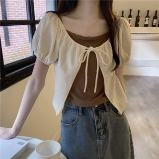 Summer New Korean Edition Stitching Lace Up Short Sleeve T-shirt Women