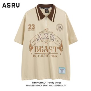 ASRV เสื้อโปโลผู้ชาย เสื้อโปโลแขนสั้นพิมพ์ลายตัวอักษรกีฬาลำลองผู้ชายอินเทรนด์หลวม