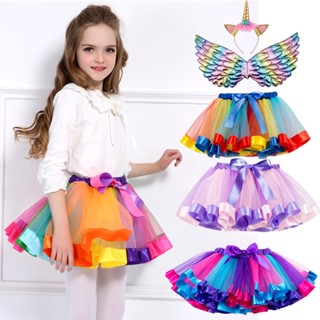ชุดเดรสกระโปรงพลีท แต่งลูกไม้ สีรุ้ง พร้อมปีก และที่คาดผม สําหรับเด็กผู้หญิง เหมาะกับงานปาร์ตี้วันเกิด