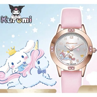 Sanrio Kuromi นาฬิกาข้อมือ สายหนังนิ่ม หน้าปัดกลม ประดับเพชร ลาย Hello Kitty Melody Cinnamoroll สําหรับเด็กผู้หญิง นักเรียน