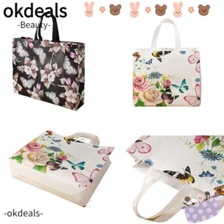 Okdeals กระเป๋าช้อปปิ้ง ผ้านอนวูฟเวน พิมพ์ลายดอกไม้ ใช้ซ้ําได้ แฟชั่นสร้างสรรค์ สําหรับผู้หญิง