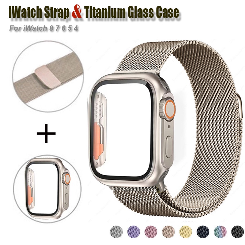 เคสแก้ว + สายโลหะสําหรับสายนาฬิกาอัจฉริยะ 46 มม. 42 มม. 45 มม. 44 มม. 40 มม. 41 มม. 44 มม. สร้อยข้อมือ ฉันดู ชุด 10 9 8 7 6 4 5 กับ 3 เปลี่ยนเป็น พิเศษ