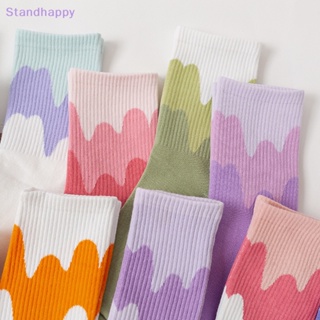 Standhappy ถุงเท้าผ้าฝ้าย ให้ความอบอุ่น สีแคนดี้ แฟชั่นฤดูใบไม้ผลิ และฤดูหนาว สําหรับผู้หญิง 1 คู่