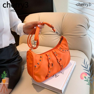 Cherry3 Hobo กระเป๋าสะพายไหล่ สะพายข้าง หนัง PU แต่งหมุด ขนาดเล็ก สีพื้น แฟชั่นสําหรับสตรี