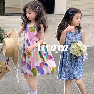 Aiyaya เดรสเด็กผู้หญิง ชุดลายดอกไม้ ชุดแขนกุด  แฟชั่นฤดูร้อน เหมาะสำหรับเด็กผู้หญิงอายุ 2-10 ปี （702）