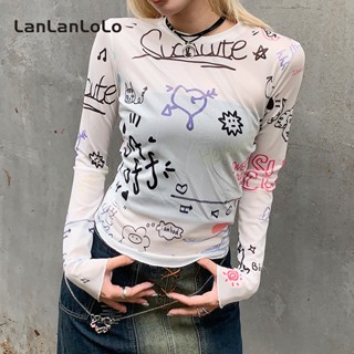 Lanlanlolo เสื้อยืดคอกลม แขนยาว พิมพ์ลายกราฟฟิติ ผ้าตาข่าย เบาสบาย สําหรับผู้หญิง 2023