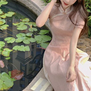 ชุดเดรสกี่เพ้า คุณภาพสูง สีชมพู พลัสไซซ์ สําหรับผู้หญิง