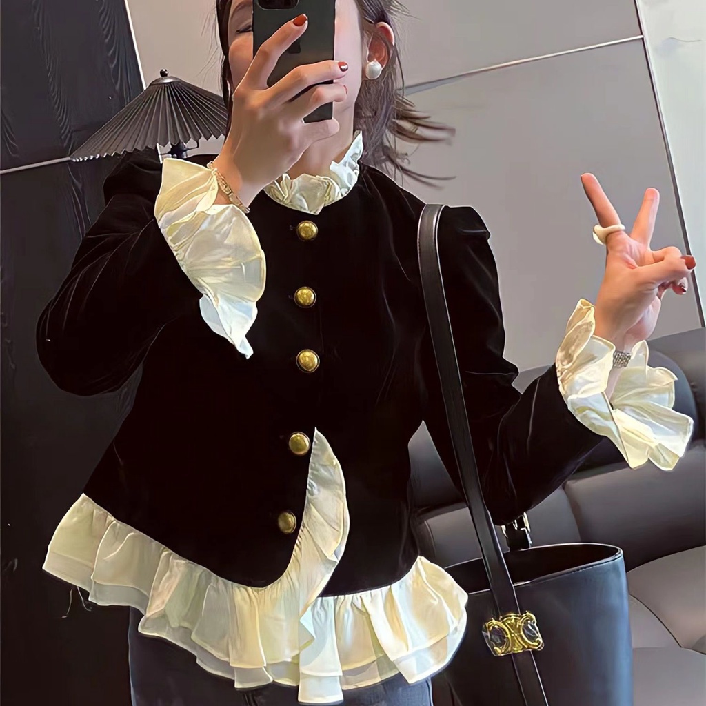 Blazer✨เสื้อแจ็กเก็ตสูท เวอร์ชั่นเกาหลี ผ้ากำมะหยี่ ไฮเอนแฟชั่น แต่งกระดุมสีทอง