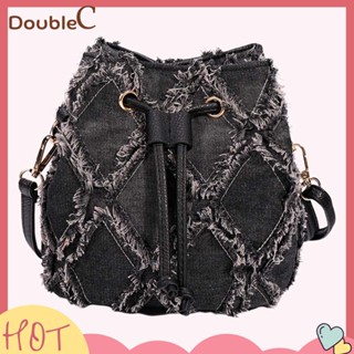 【Double C 】✿   กระเป๋าสะพายข้าง ผ้ายีน ขนาดเล็ก สีพื้น ประดับเพชร สไตล์เรโทร สําหรับผู้หญิง