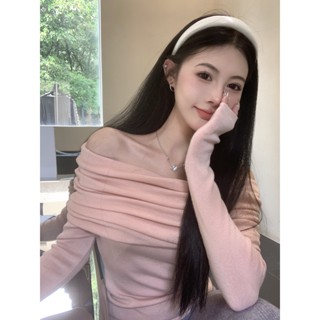 623772 เสื้อกันหนาว เปิดไหล่ ผ้าถัก สีชมพู แฟชั่นฤดูใบไม้ร่วง สําหรับผู้หญิง