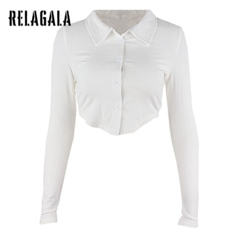 Relagala ใหม่ เสื้อยืดลําลอง แขนยาว คอปก ทรงสลิม สีพื้น เรียบง่าย เซ็กซี่ แฟชั่นสําหรับสตรี 2023