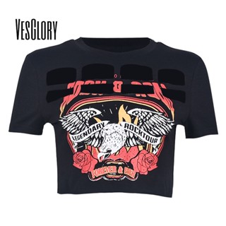 Vesglory เสื้อครอปท็อป คอกลม แขนสั้น พิมพ์ลาย สีตัดกัน เซ็กซี่ สําหรับผู้หญิง 2023