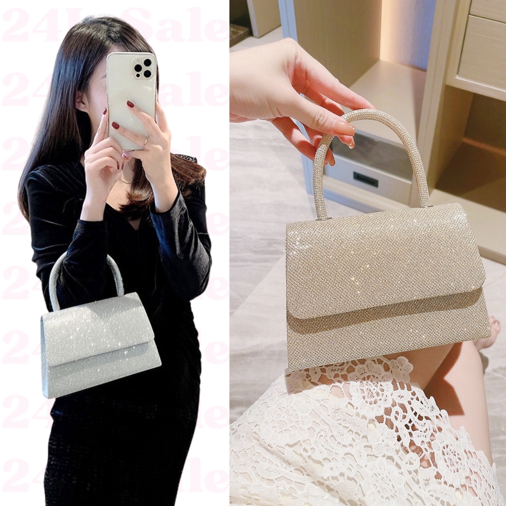 shop24 สต็อกไทย กระเป๋าถือประกายเพชร 2 สี เงิน/ทอง (มีสายสะพายโซ่)