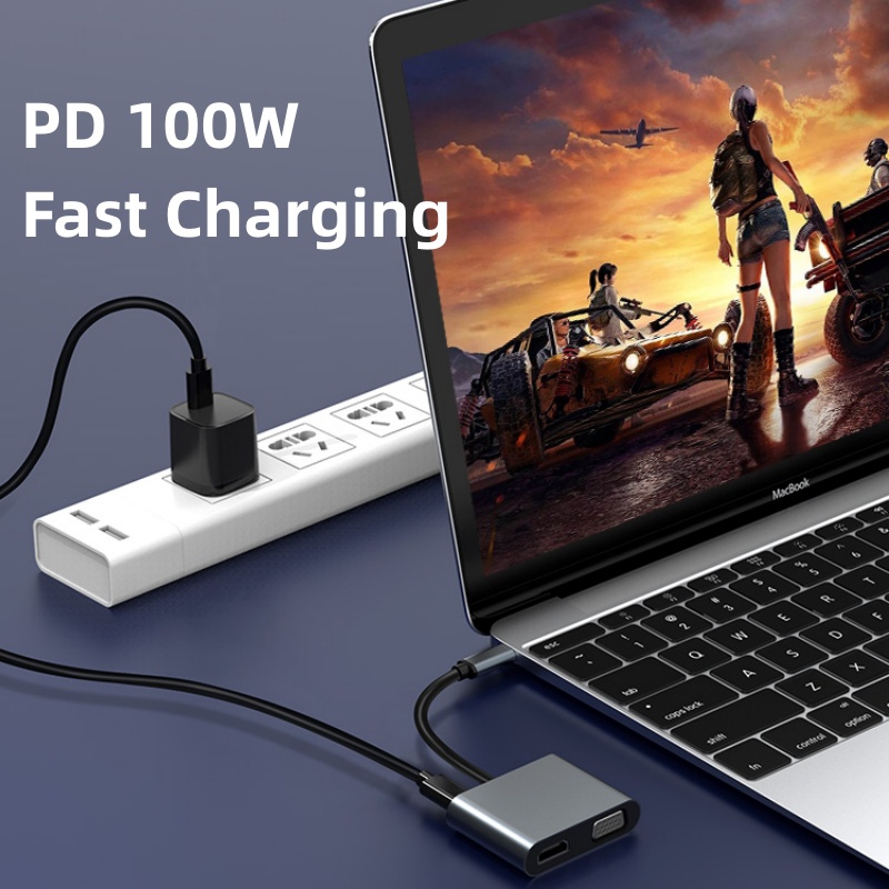 Thunderbolt 3 4 ความเร็วสูง 4 พอร์ต USB C ถึง HDMI 4K VGA USB3.0 PD ฮับชาร์จ Type C แท่นชาร์จ USB C Hub สําหรับแล็ปท็อป โทรศัพท์มือถือ แท็บเล็ต สวิตช์ USB C แท่นวาง