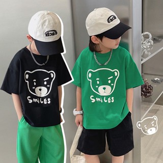 【Boy T Shirt】เสื้อยืดคอกลม แขนสั้น ผ้าฝ้าย พิมพ์ลายหมี ทรงหลวม สไตล์เกาหลี สําหรับเด็ก (1-14 ปี)