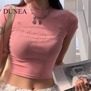 Dunea เสื้อยืดแขนสั้น ปักลายโมโนแกรม เรียบง่าย สําหรับผู้หญิง