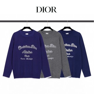 Dior เสื้อกันหนาวลําลอง คอกลม ปักลายตัวอักษร 100% สําหรับผู้ชาย และผู้หญิง