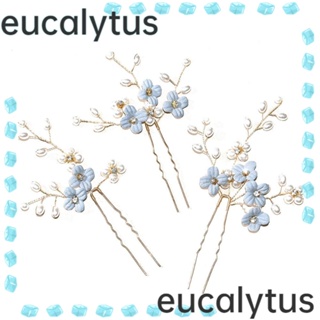 Eucalytus1 กิ๊บติดผม รูปตัว U ประดับไข่มุก พลอยเทียม ดอกไม้ เครื่องประดับ สําหรับงานแต่งงาน 3 ชิ้น ต่อชุด