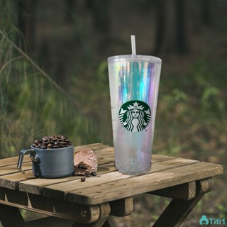 710ml/24oz แก้วสตาร์บัคส์ใส 2 ชั้น นำกลับมาใช้ใหม่ได้ Starbucks Transparent Aurora Cup Straw Cup TH1