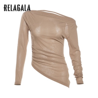 Relagala ใหม่ เสื้อยืดลําลอง แขนยาว เปิดไหล่ เข้ารูป สีพื้น แฟชั่นสําหรับสตรี 2023