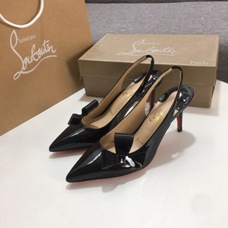 CHRISTIANLOUBOUTINรองเท้าส้นสูงหนังวัวแท้หัวแหลมประดับโบว์เซ็กซี่7ซม.สีดําแฟชั่นสําหรับสตรี