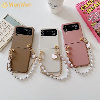 Wenwen เคสโทรศัพท์มือถือแฟชั่น ประดับมุก พร้อมสายโซ่คล้องคู่ สําหรับ Samsung Z Flip4 Z Flip3