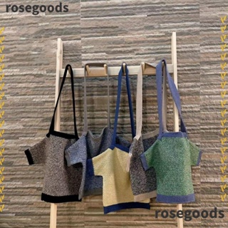 Rosegoods1 กระเป๋าช้อปปิ้งลําลอง ผ้าถัก ความจุขนาดใหญ่