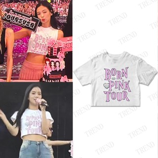 เสื้อครอปท็อปเซ็กซี่ ผ้าฝ้าย พิมพ์ลาย KPOP BLACKPINK BORN PINK World Tour 2023 แฟชั่นสไตล์เกาหลี สําหรับผู้หญิง