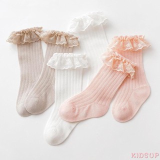 Kidsup1- ถุงเท้ายาวถึงเข่า แบบนิ่ม ระบายอากาศ แต่งลูกไม้ แต่งระบาย สําหรับเด็กผู้หญิงแรกเกิด