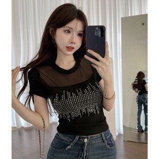 เสื้อยืดแขนสั้น ผ้าตาข่าย ประดับเพชร สุดเซ็กซี่ เหมาะกับอุตสาหกรรมหนัก