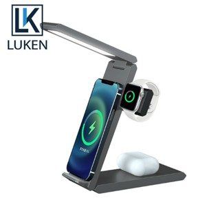 Luken 4 in 1 โคมไฟตั้งโต๊ะไร้สาย LED 15W Qi ชาร์จเร็ว สําหรับ iPh 13 12 11 XS XR X 8 App Watch 7 Airpods